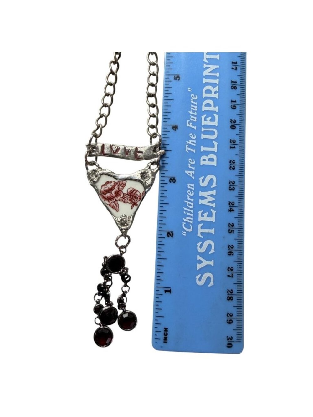 Repurposed Porcelain Love Banner Necklace - Vintage Garnet Tassel - Silver Chain - Picture 7 of 15